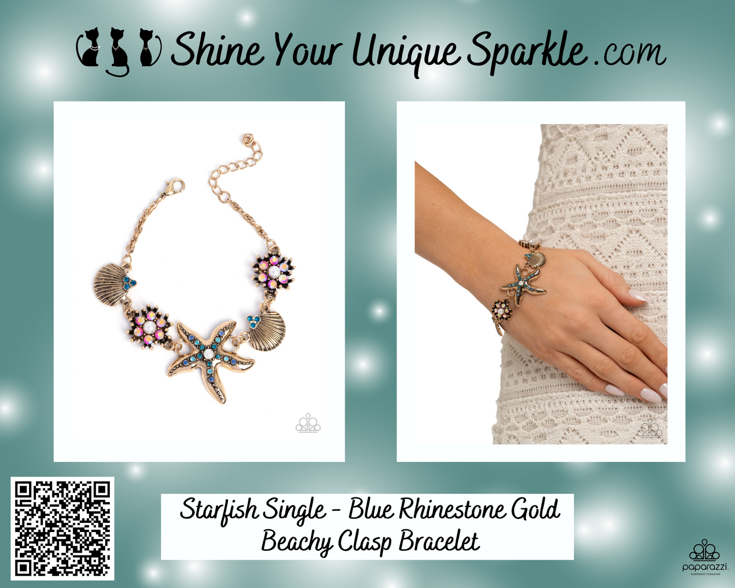 Starfish Single - Blue Rhinestone Gold Beachy Clasp Bracelet