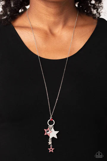 Starry Statutes - Red and White Rhinestone Silver Star Cluster Long Necklace