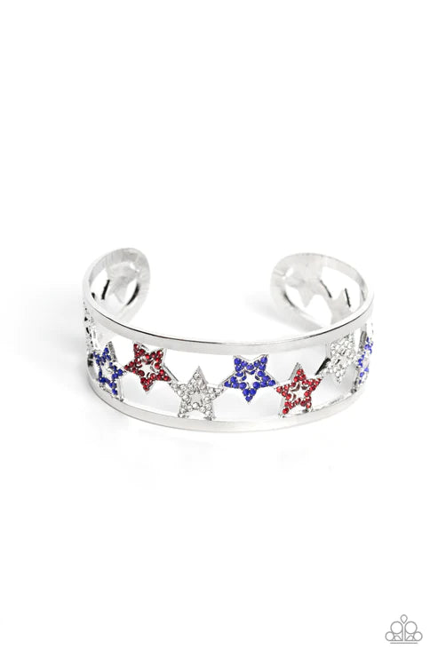 Starry Suffragette - Multi, Red, White, and Blue Rhinestone Stars Silver Cuff Bracelet