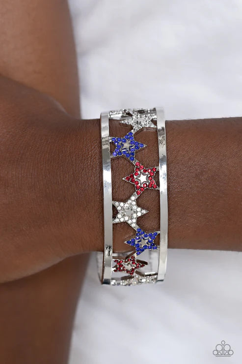 Starry Suffragette - Multi, Red, White, and Blue Rhinestone Stars Silver Cuff Bracelet