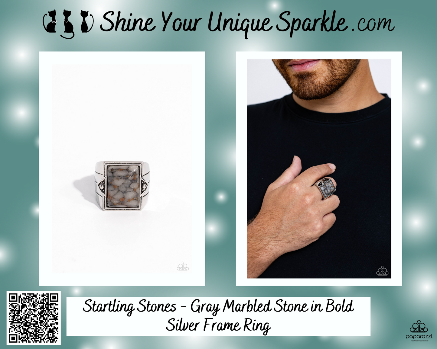 Startling Stones - Gray Marbled Stone in Bold Silver Frame Ring