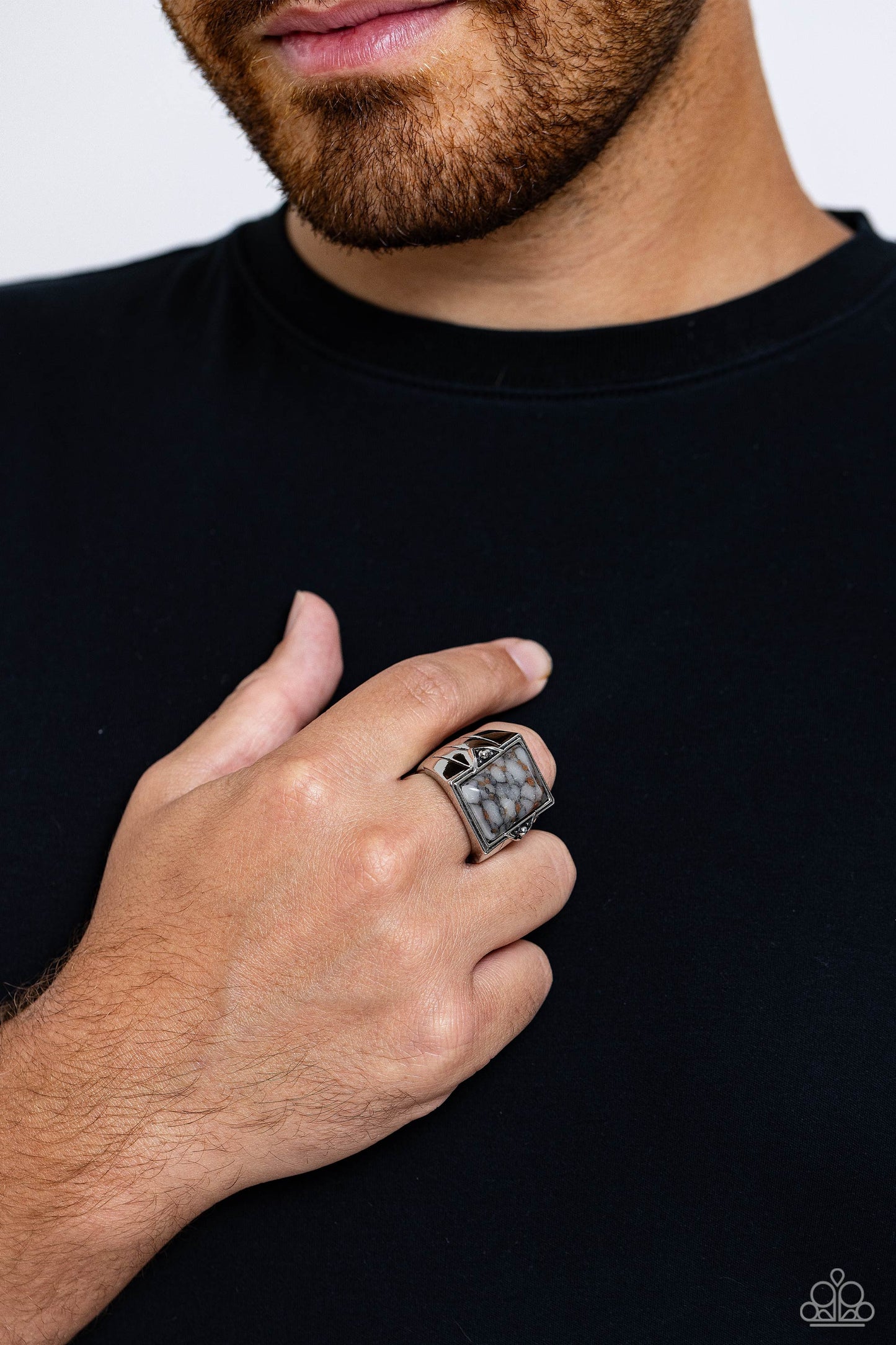 Startling Stones - Gray Marbled Stone in Bold Silver Frame Ring