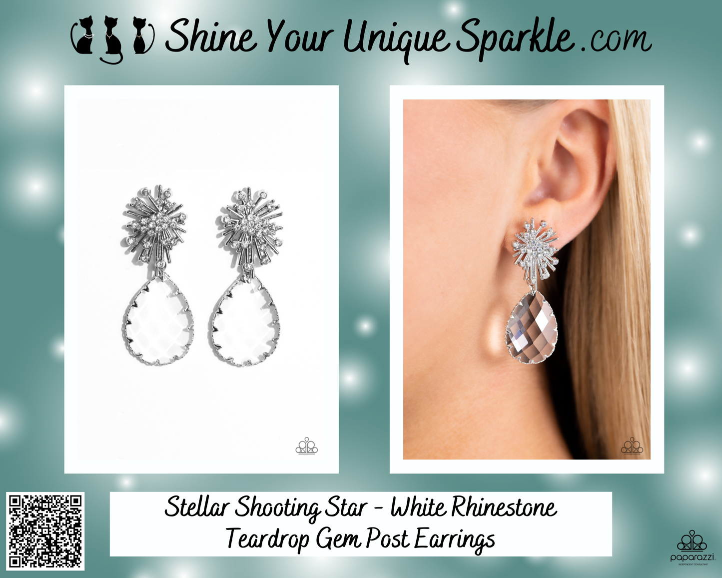 Stellar Shooting Star - White Rhinestone Teardrop Gem Post Earrings