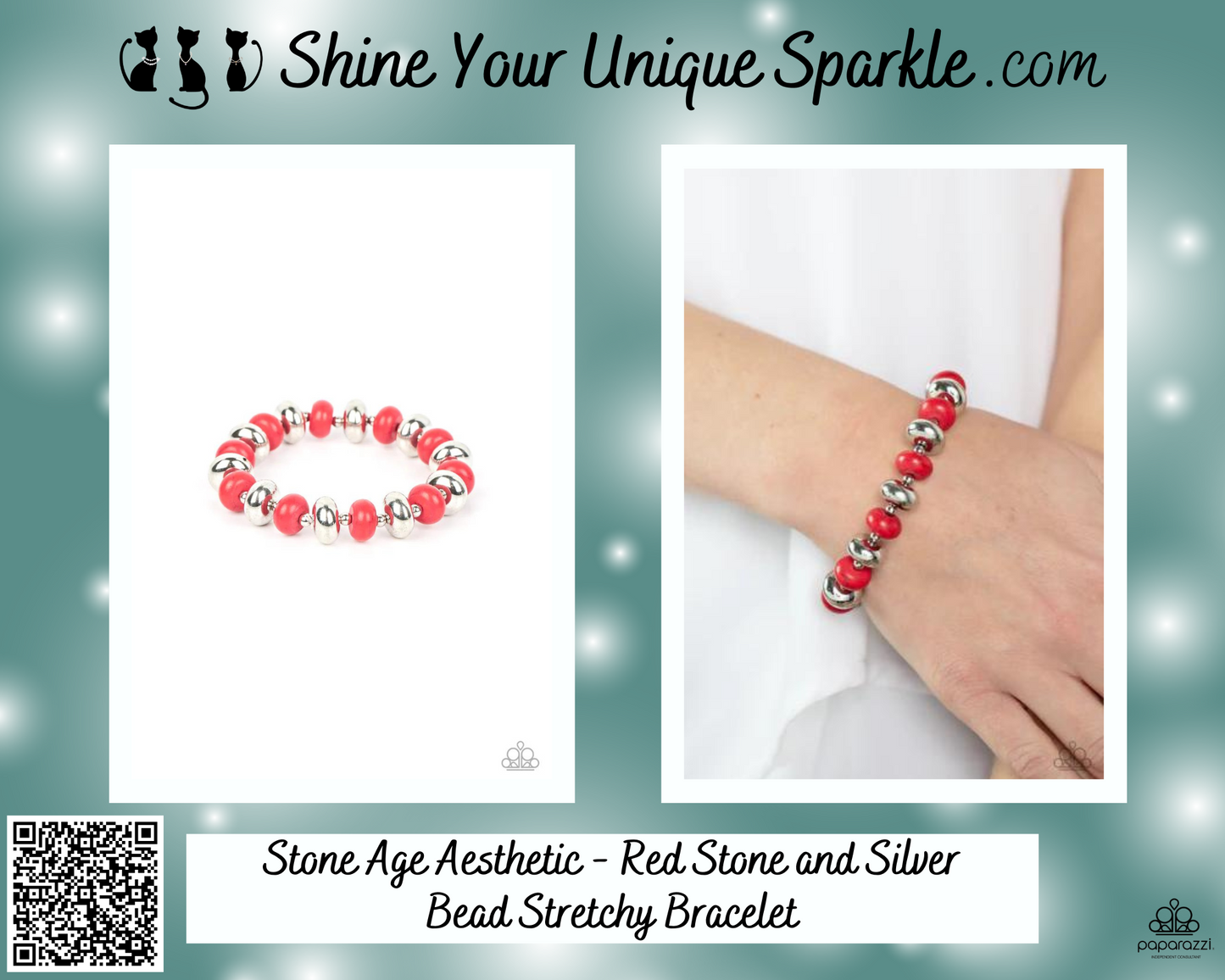 Stone Age Aesthetic - Red Stone and Silver Bead Stretchy Bracelet