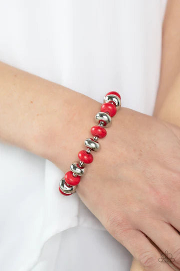 Stone Age Aesthetic - Red Stone and Silver Bead Stretchy Bracelet