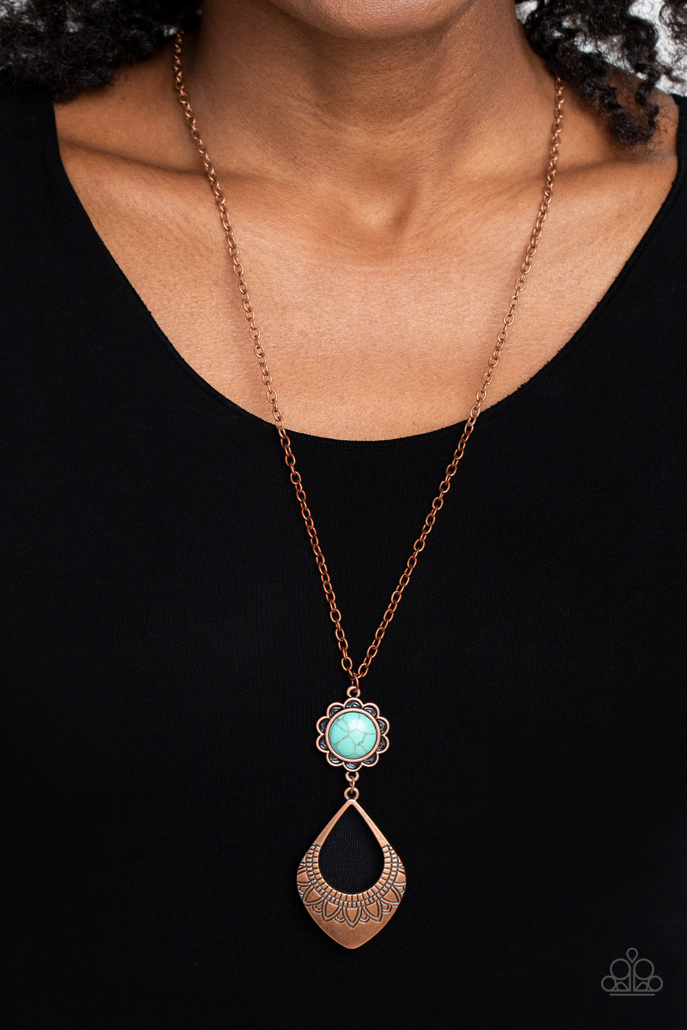 Stone TOLL - Copper with Turquoise Crackle Stone Pendant Silver Long Necklace