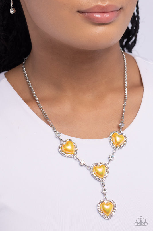 Stuck On You - Yellow Iridescent Heart Bead Silver Short Necklace