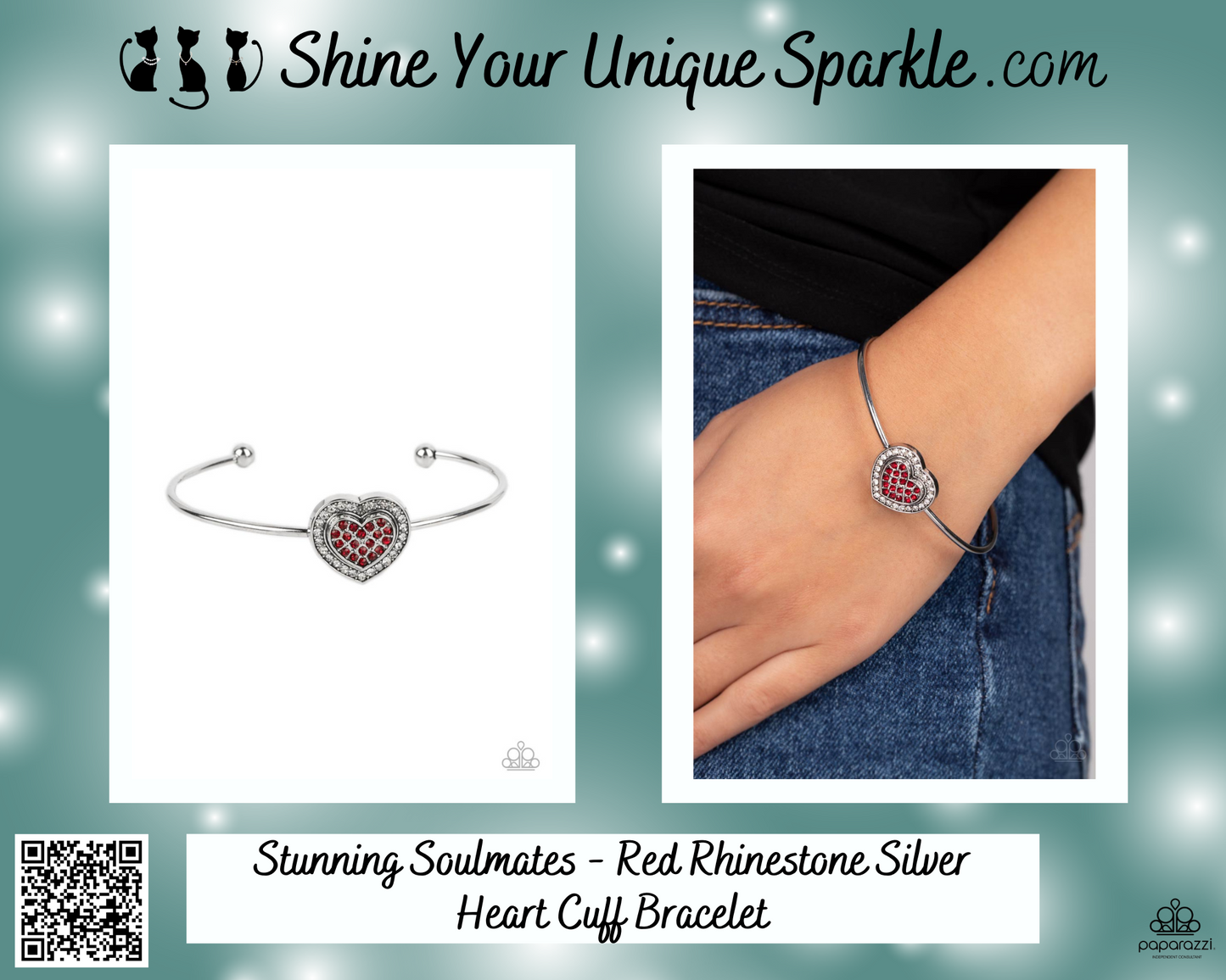 Stunning Soulmates - Red Rhinestone Silver Heart Cuff Bracelet