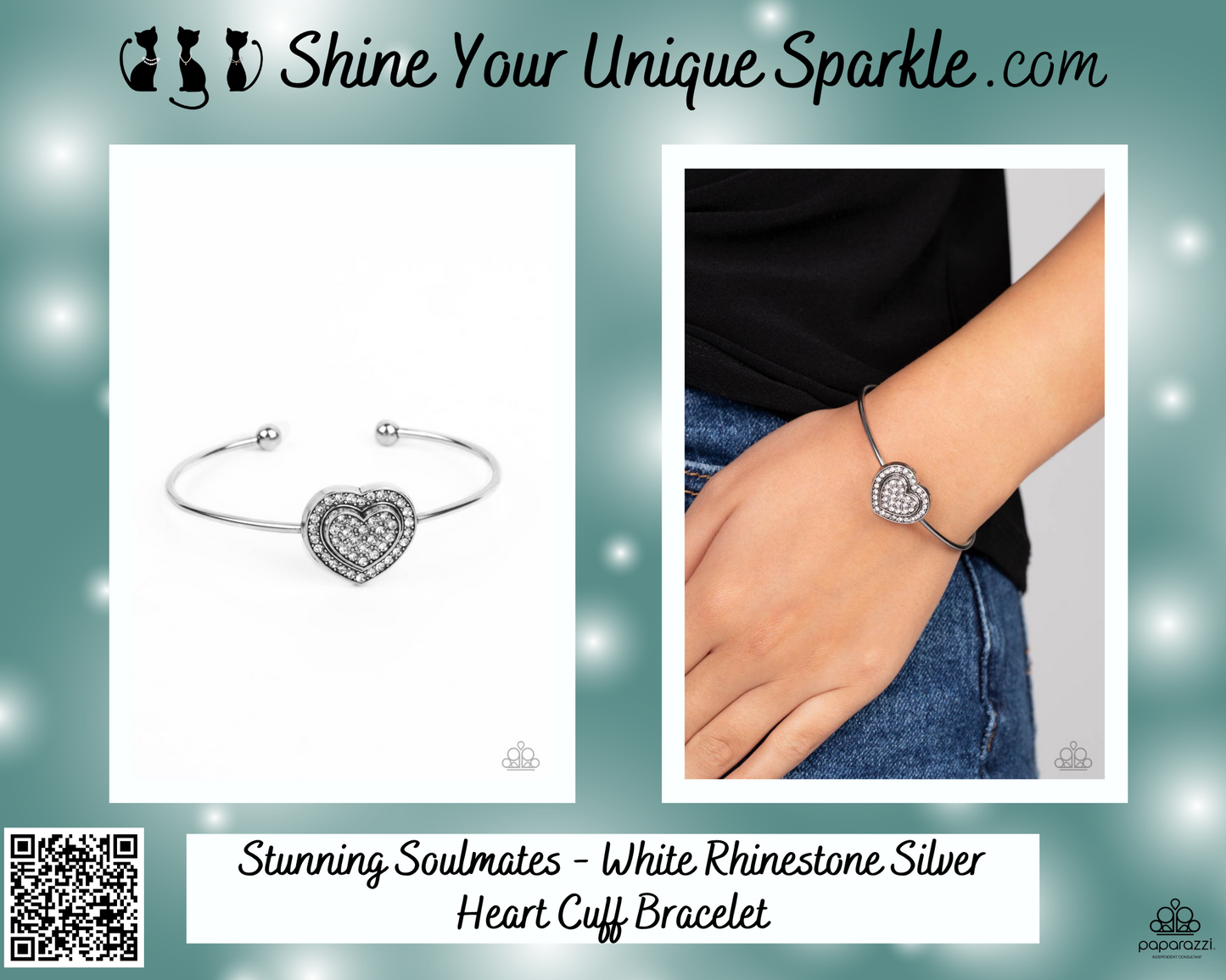 Stunning Soulmates - White Rhinestone Silver Heart Cuff Bracelet