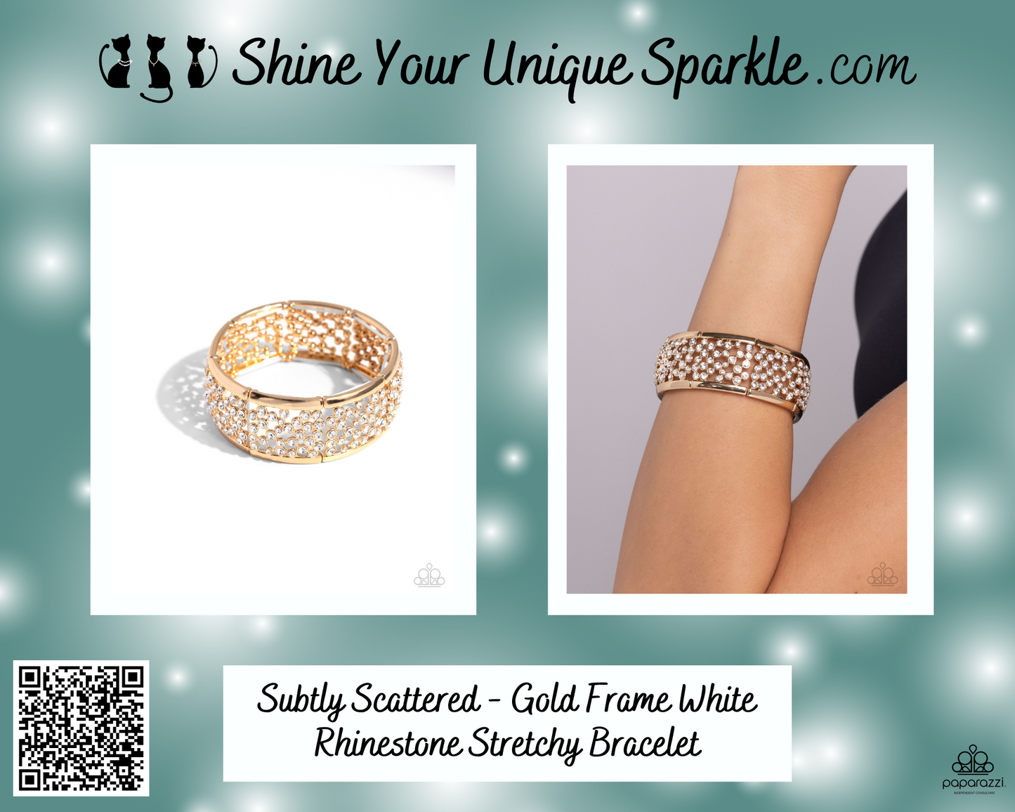 Subtly Scattered - Gold Frame White Rhinestone Stretchy Bracelet