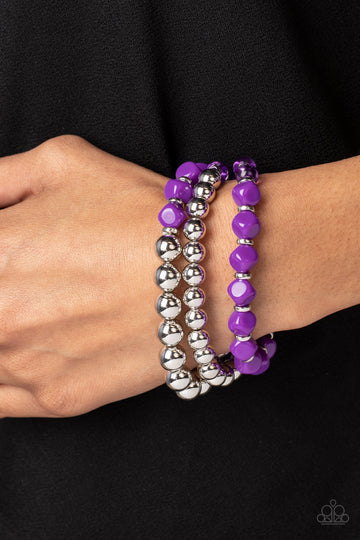 Summer Sabbatical - Purple and Silver Bead Stretchy Bracelet Set