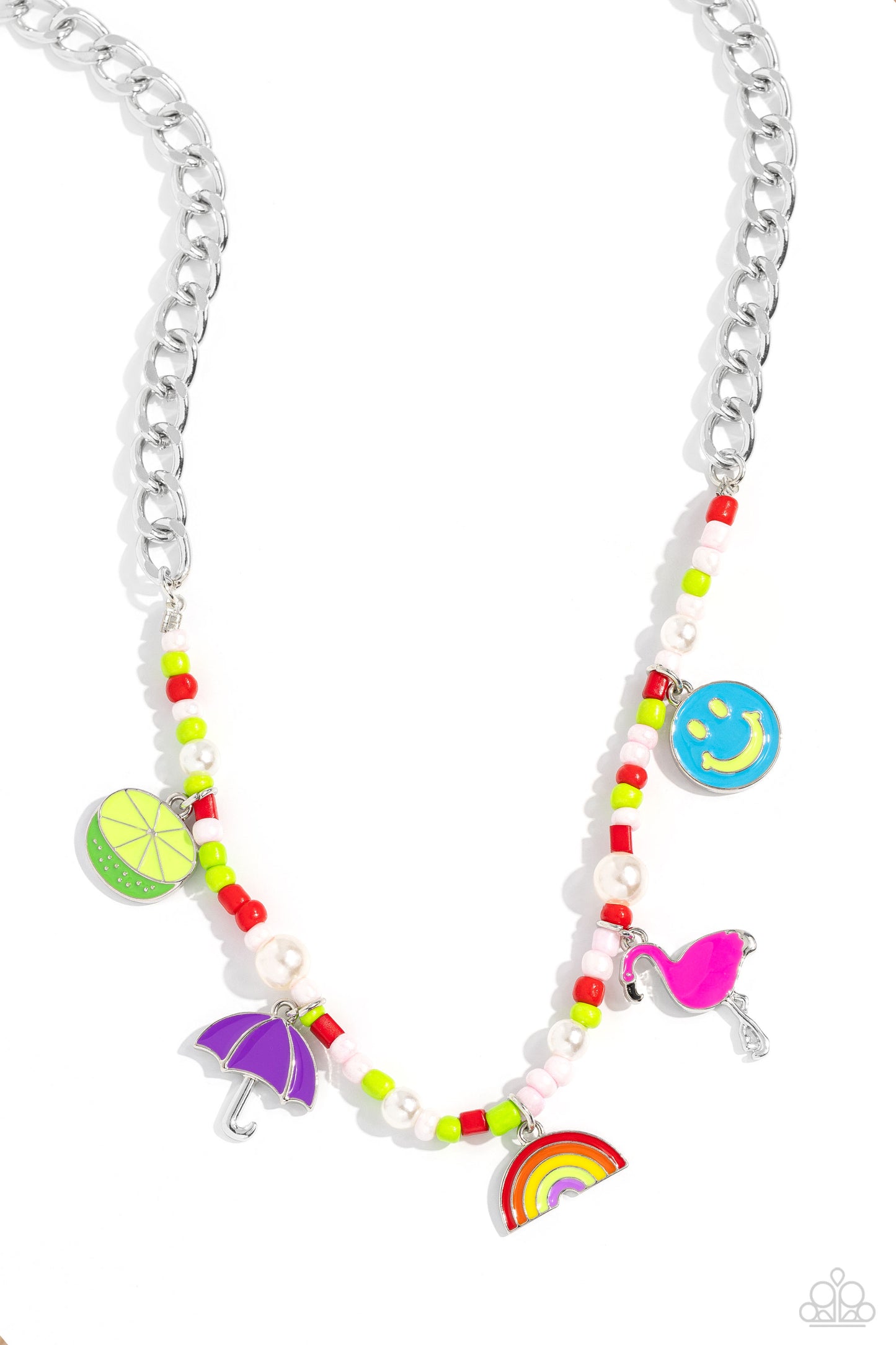 Summer Sentiment - Red Colorful Charm Silver Short Necklace