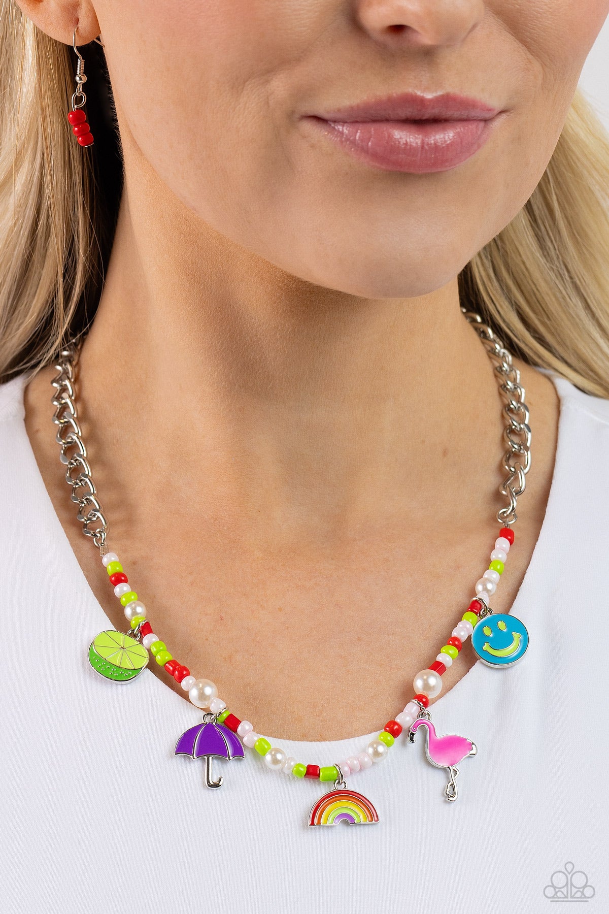 Summer Sentiment - Red Colorful Charm Silver Short Necklace