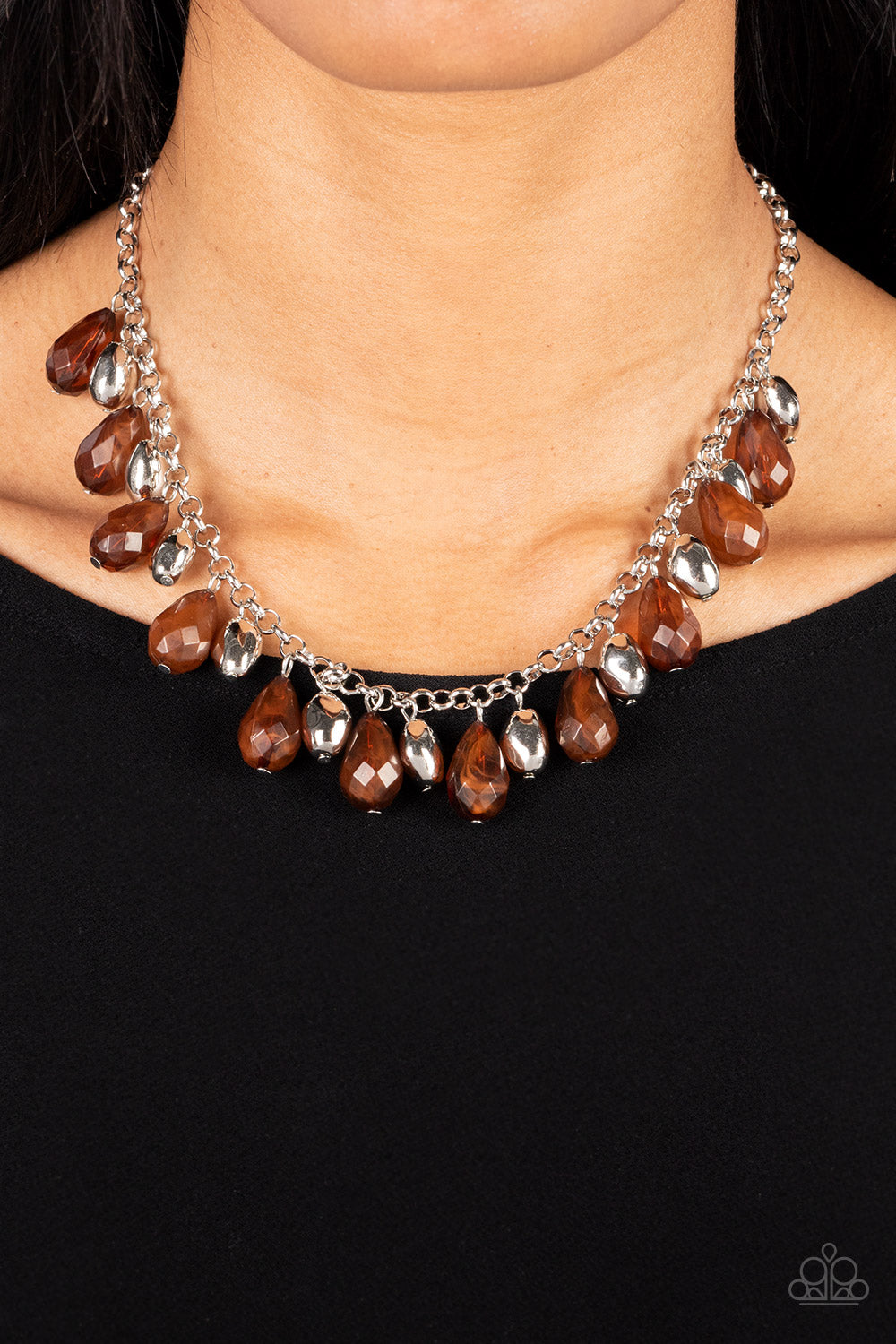 Summertime Tryst - Brown Opaque Teardrops Beads Silver Short Necklace