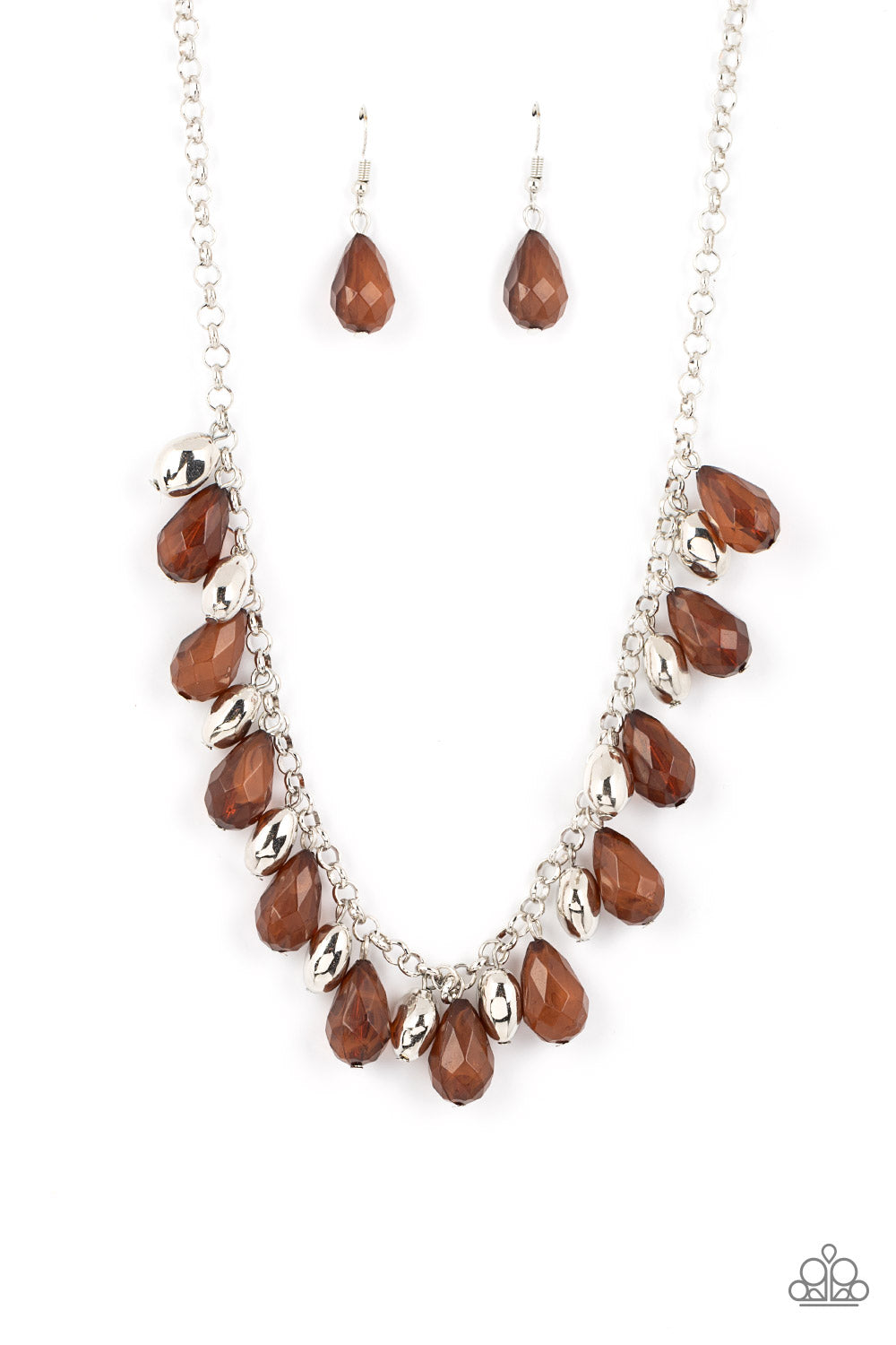 Summertime Tryst - Brown Opaque Teardrops Beads Silver Short Necklace