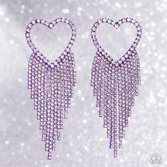 Sumptuous Sweethearts - Purple Heart White Rhinestone Fringe Post Earrings - Gimme the Glitz May 2023 Exclusive