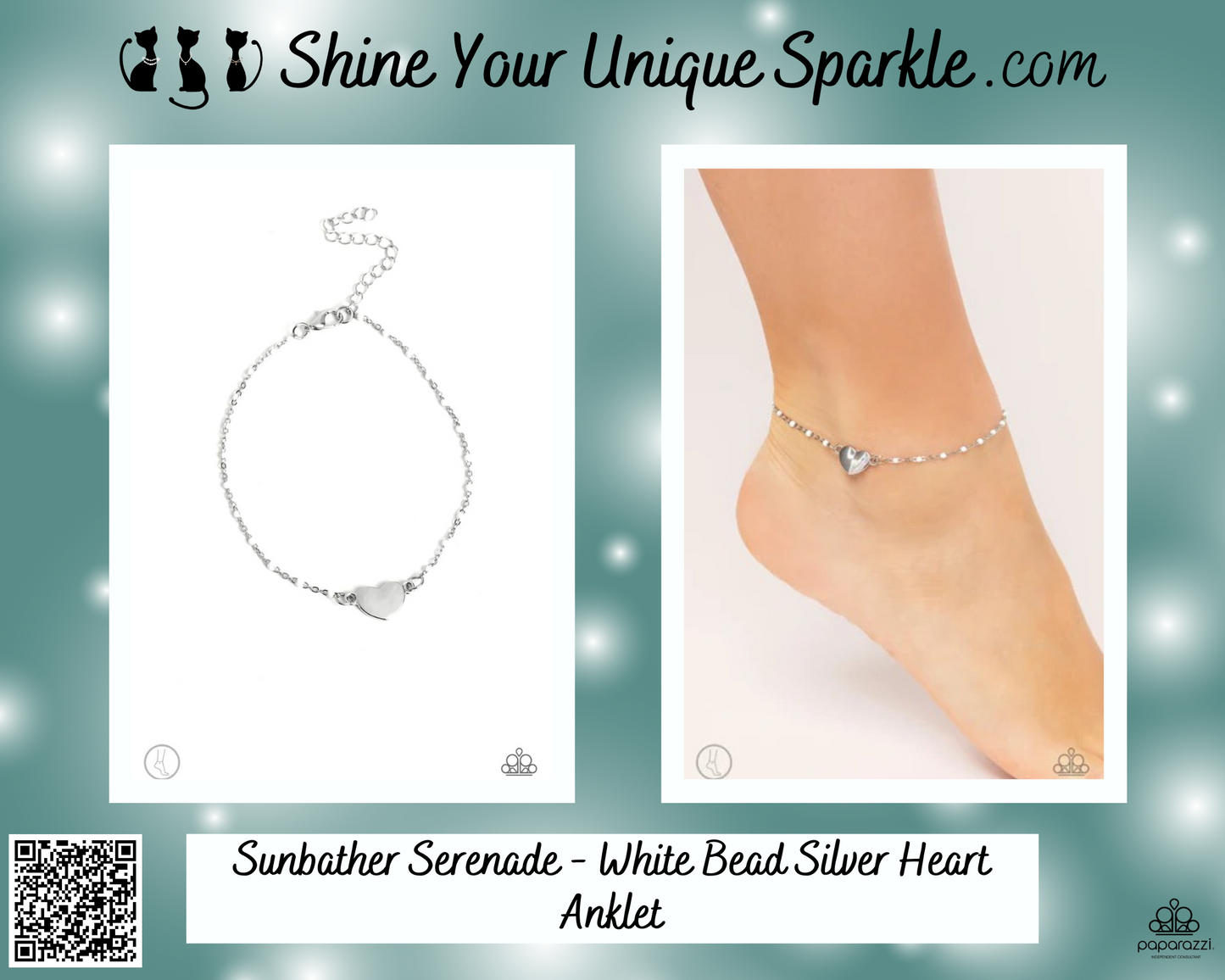 Sunbather Serenade - White Bead Silver Heart Anklet