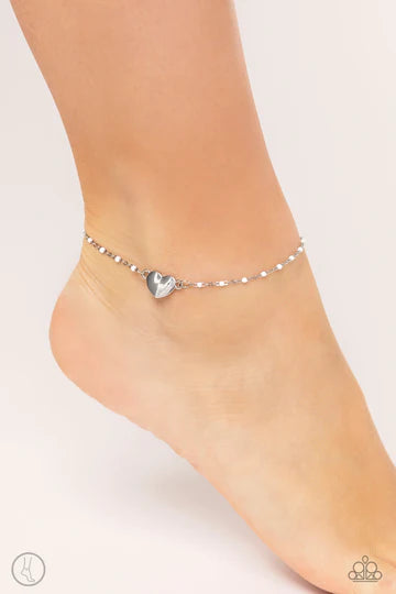 Sunbather Serenade - White Bead Silver Heart Anklet