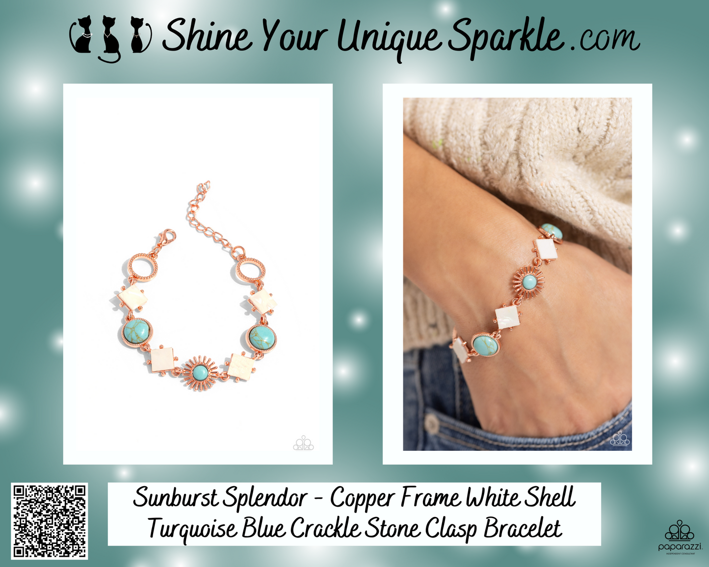 Sunburst Splendor - Copper Frame White Shell Turquoise Blue Crackle Stone Clasp Bracelet