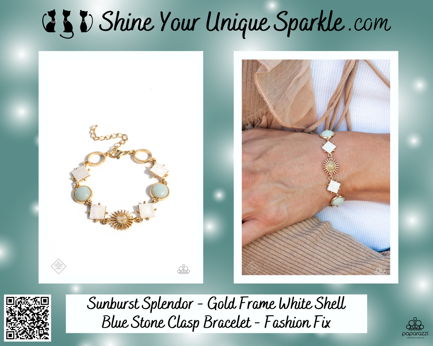 Sunburst Splendor - Gold Frame White Shell Blue Stone Clasp Bracelet - Fashion Fix