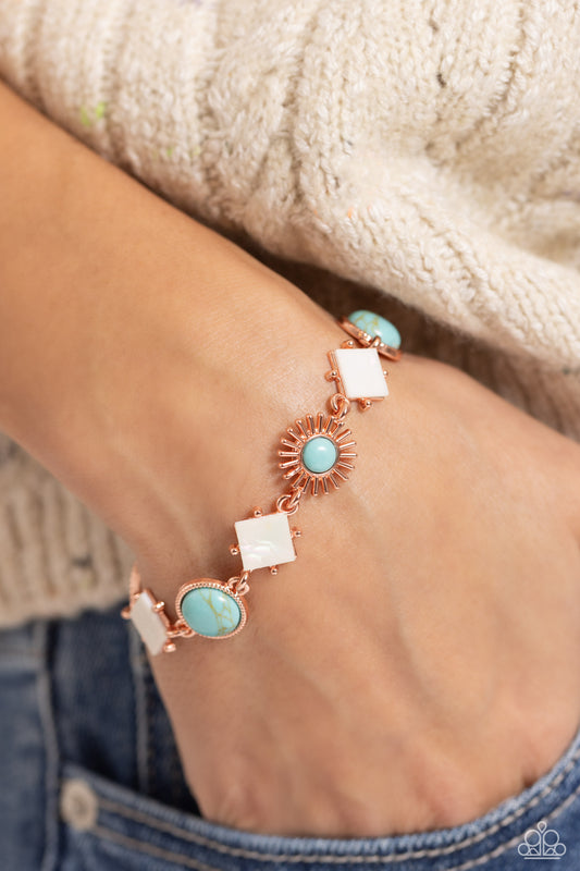 Sunburst Splendor - Copper Frame White Shell Turquoise Blue Crackle Stone Clasp Bracelet