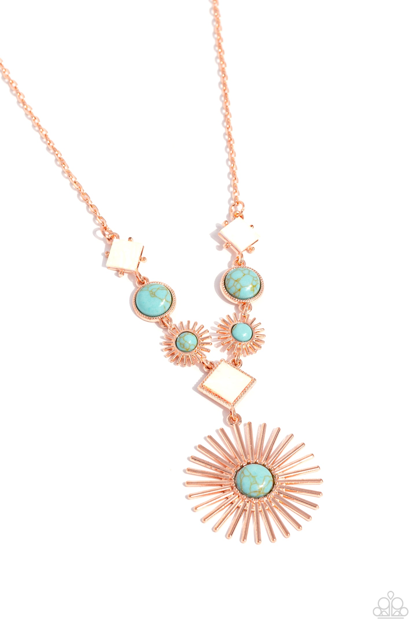 Sunburst Style - Copper Frame White Shell Turquoise Blue Crackle Stone Short Pendant Necklace