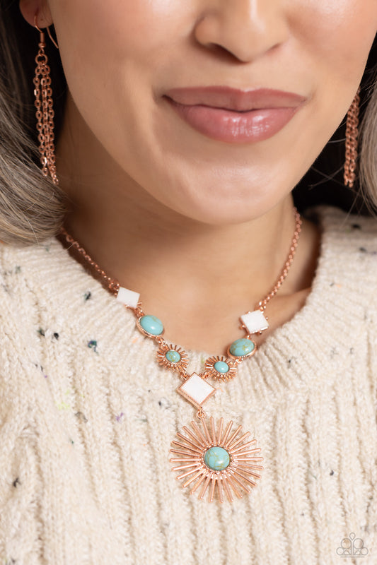 Sunburst Style - Copper Frame White Shell Turquoise Blue Crackle Stone Short Pendant Necklace