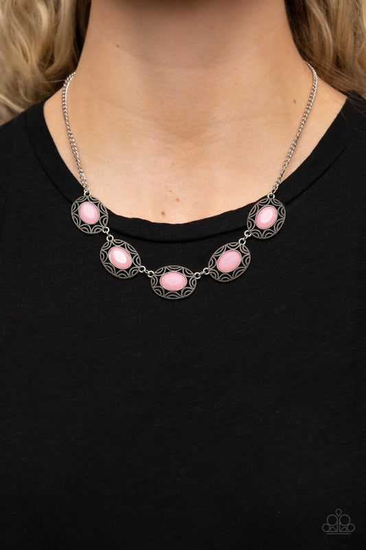 Sunshiny Shimmer - Pink Oval Beads with Sunburst Patterns Short Silver Necklace