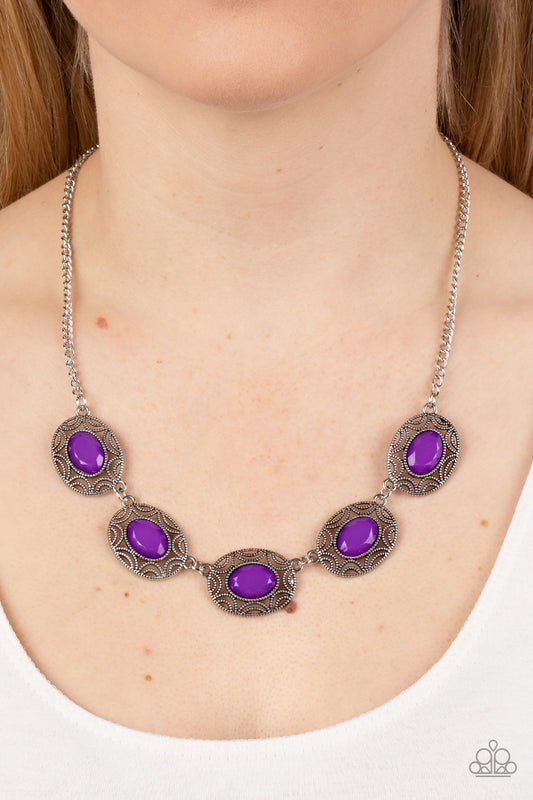 Sunshiny Shimmer - Purple Oval Beads with Sunburst Patterns Short Silver Necklace