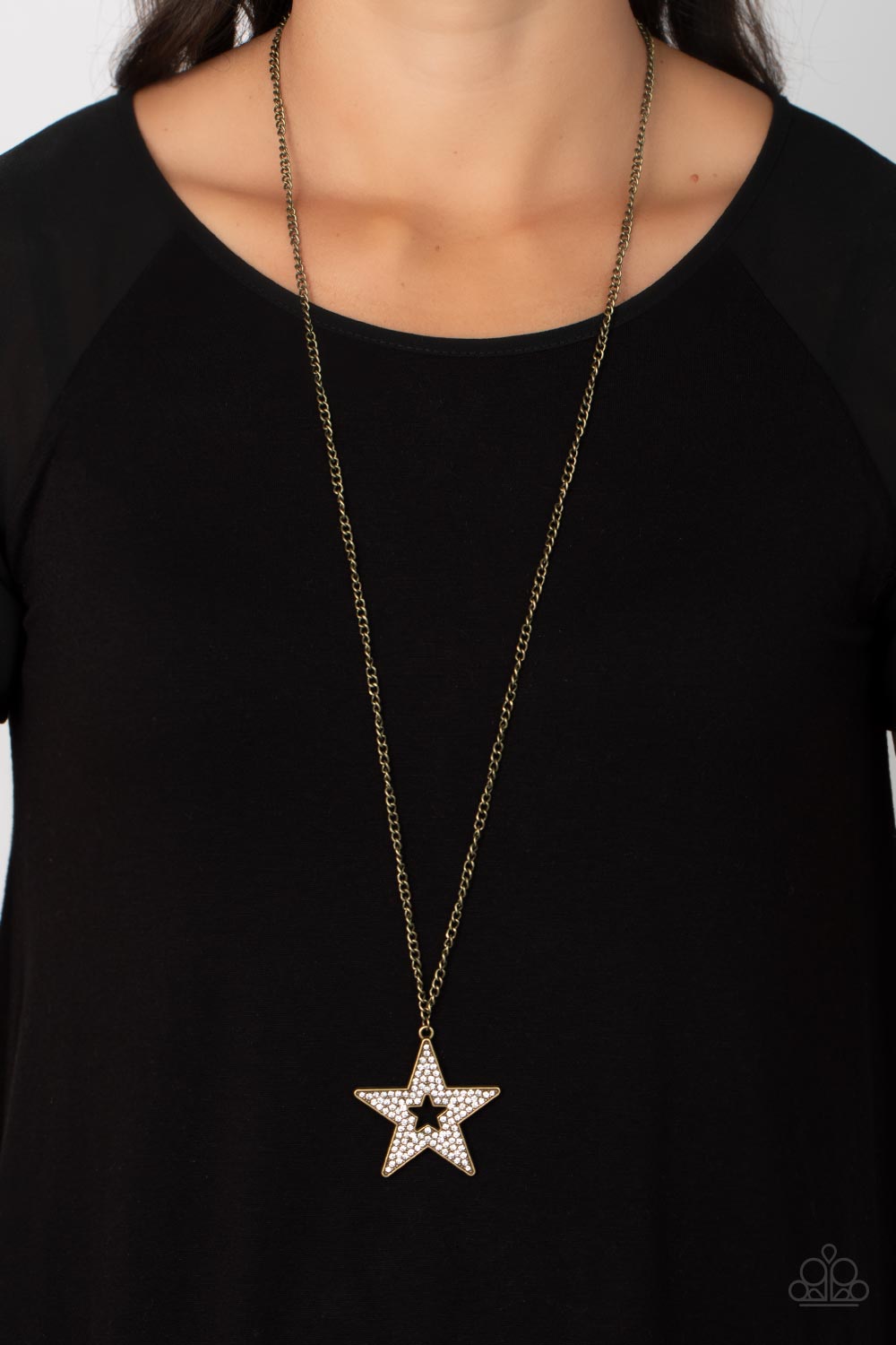 Superstar Stylist - Brass Star White Rhinestone Pendant Long Necklace