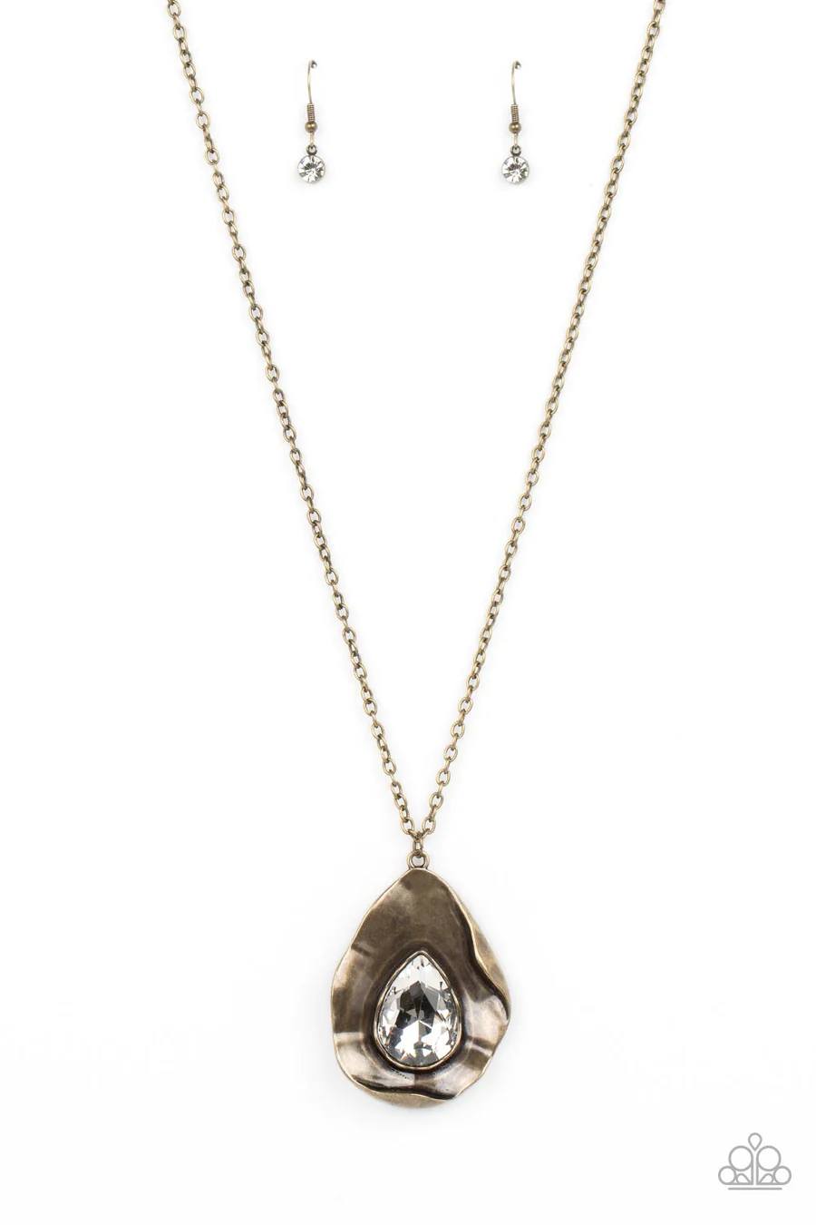 Surrealist Sparkle - Warped Brass Pendant with White Teardrop Gem Brass Long Necklace