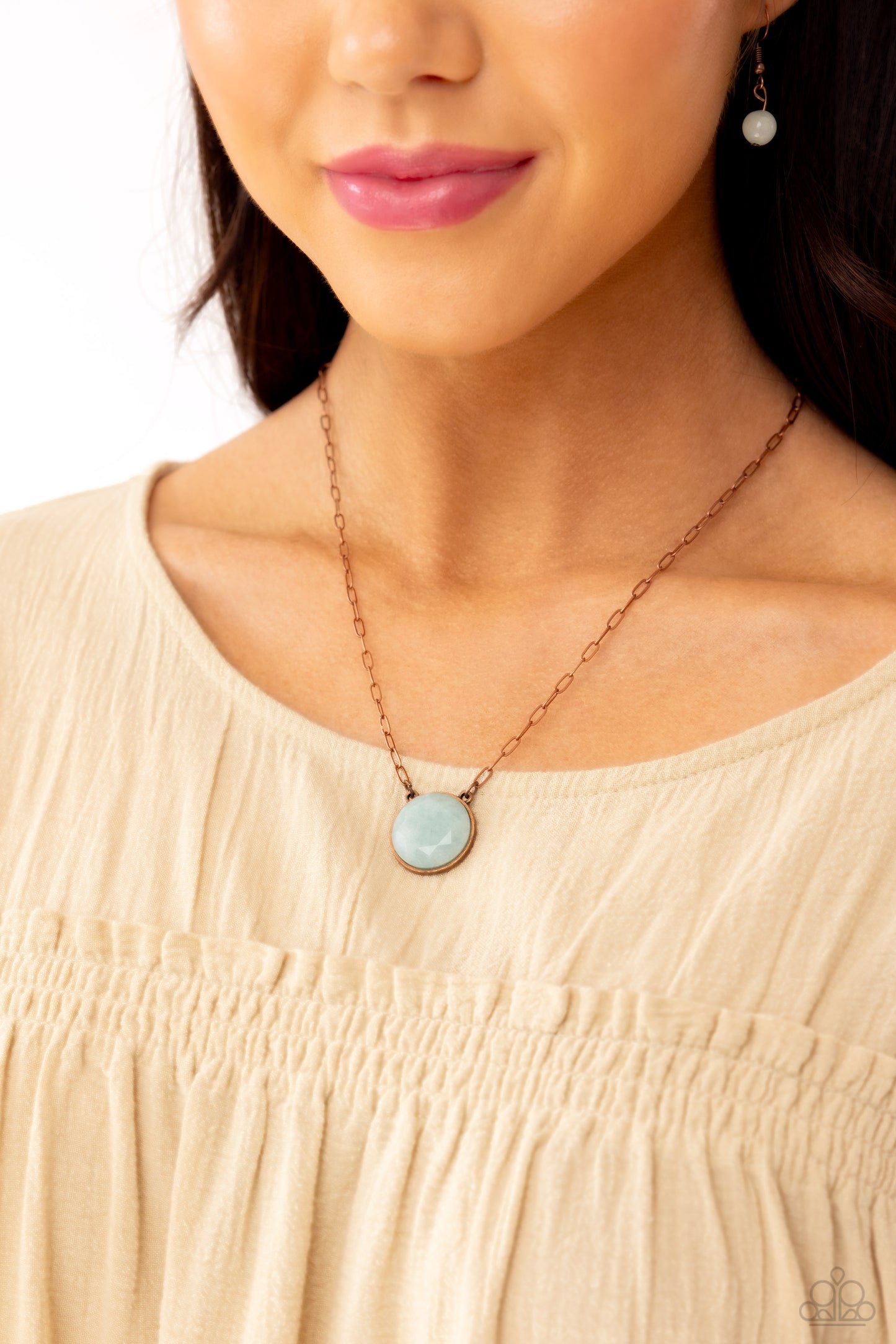 PERFECT MATCH / SET: Suspended Stone - Copper Chain Jade Stone Short Necklace AND Suspended Symmetry - Copper Jade Stone Bangle Hook and Eye Bracelet