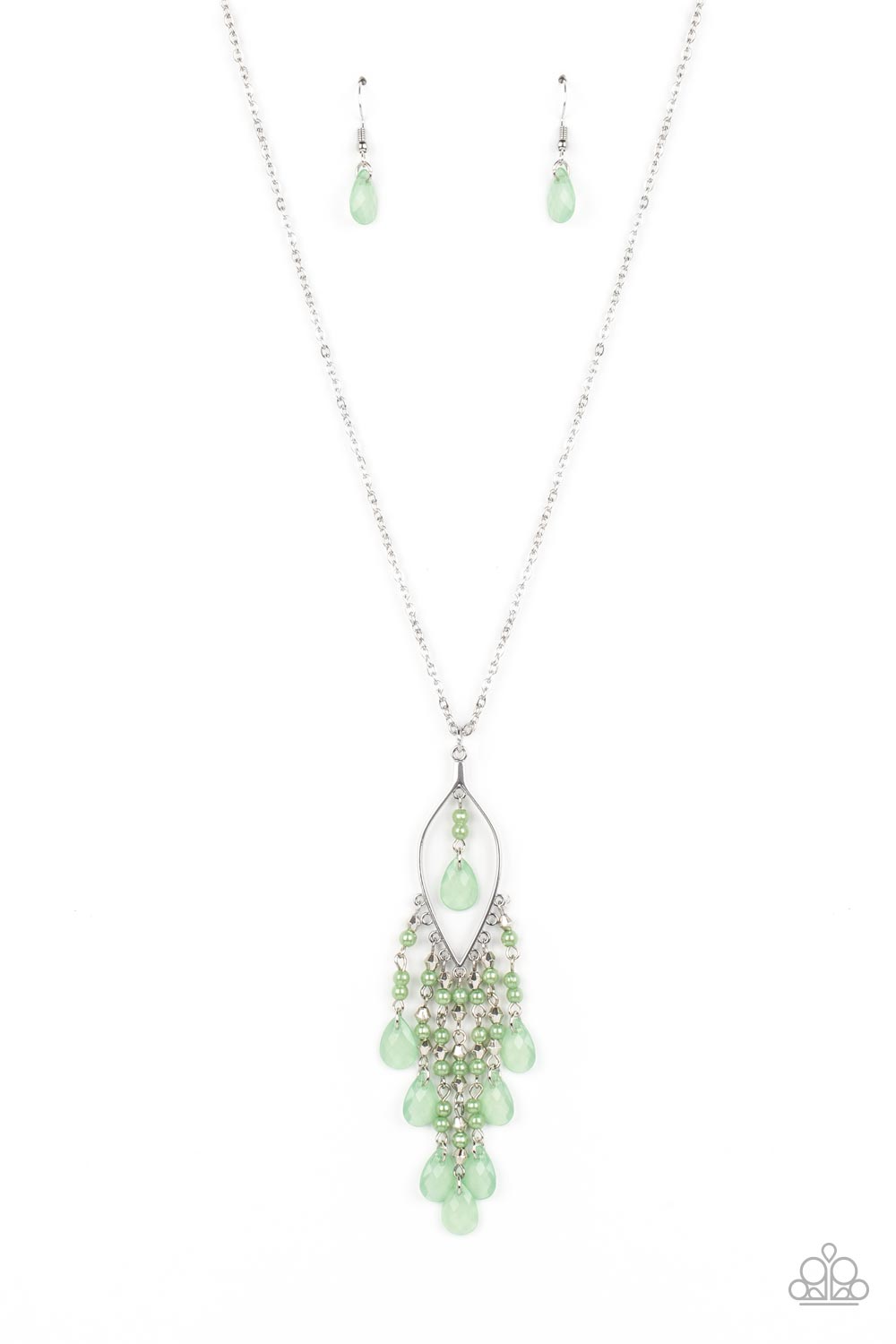 Sweet DREAMCATCHER - Green Beads and Pearls Pendant Silver Long Necklace