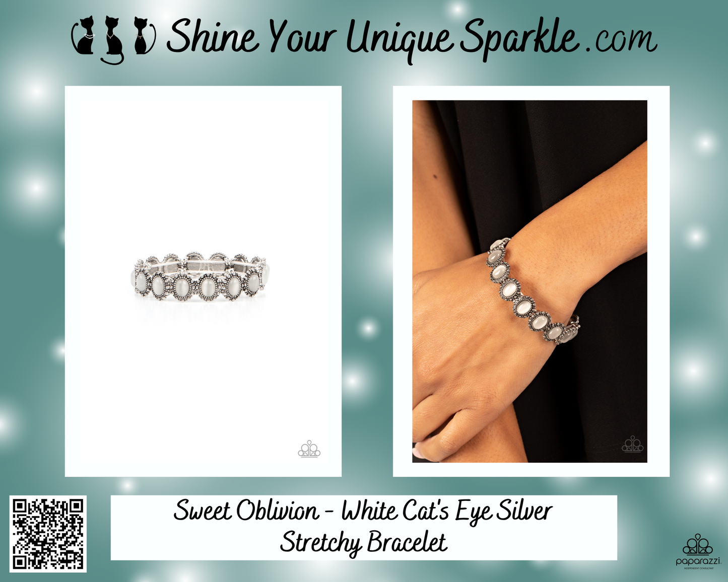 Sweet Oblivion - White Cat's Eye Silver Stretchy Bracelet