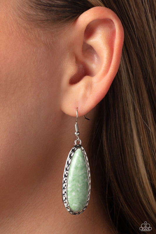 TEARDROP-Dead Dynasty - Green Teardrop Stone Silver Fishhook Earrings