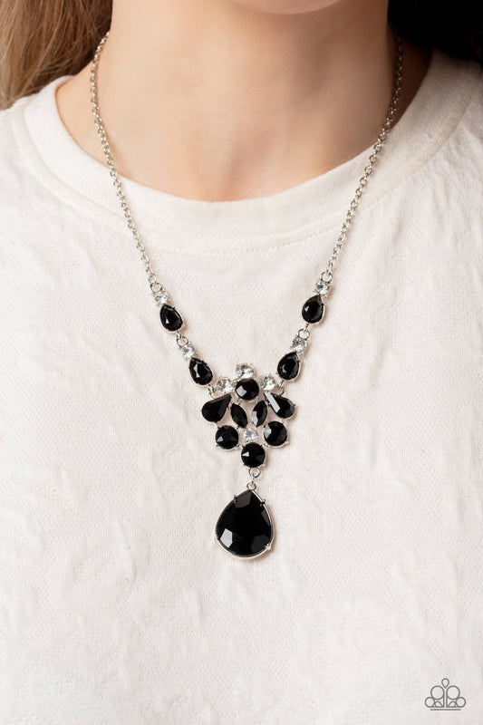 TWINKLE of an Eye - Black Gem White Rhinestone Silver Short Necklace