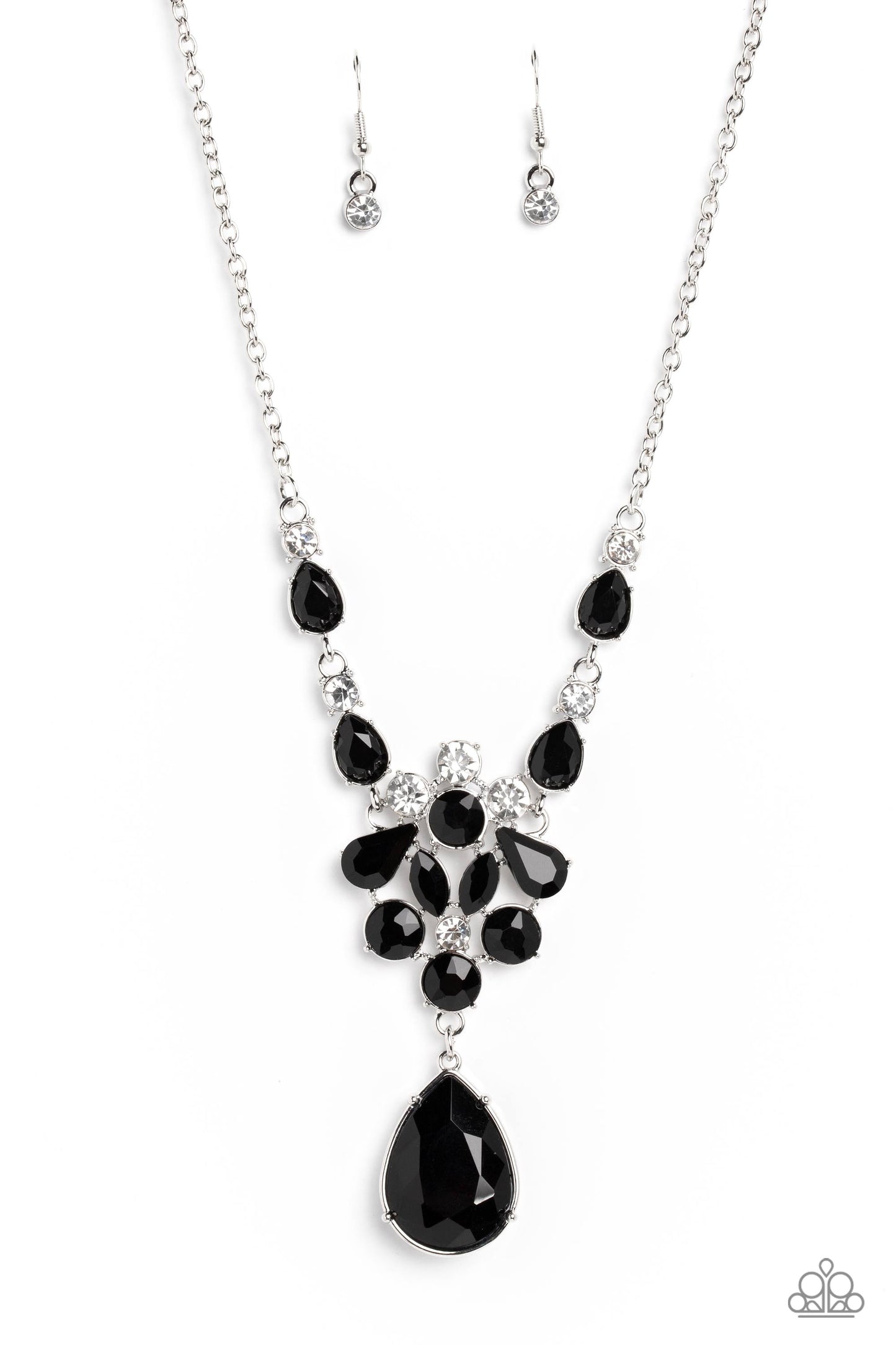 TWINKLE of an Eye - Black Gem White Rhinestone Silver Short Necklace