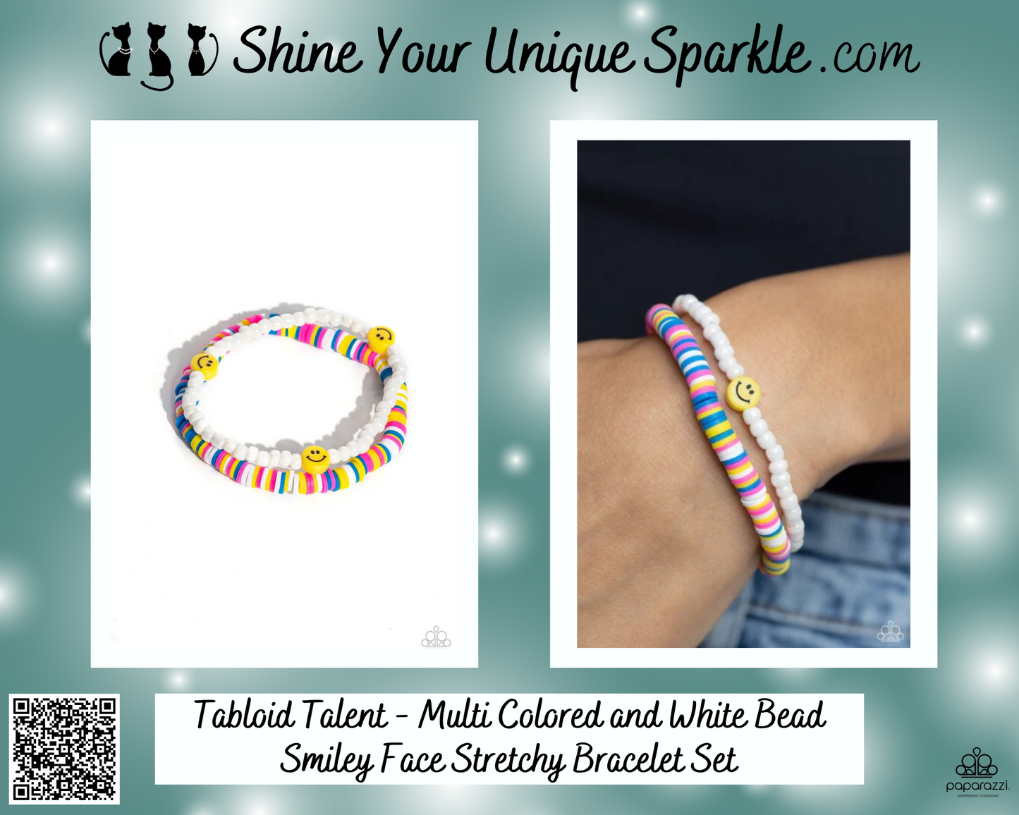 Tabloid Talent - Multi Colored and White Bead Smiley Face Stretchy Bracelet Set