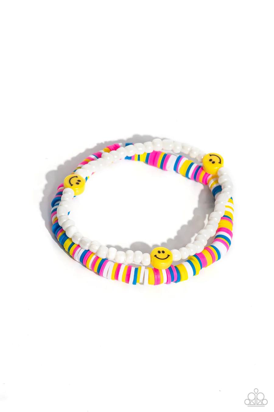 Tabloid Talent - Multi Colored and White Bead Smiley Face Stretchy Bracelet Set