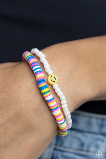 Tabloid Talent - Multi Colored and White Bead Smiley Face Stretchy Bracelet Set