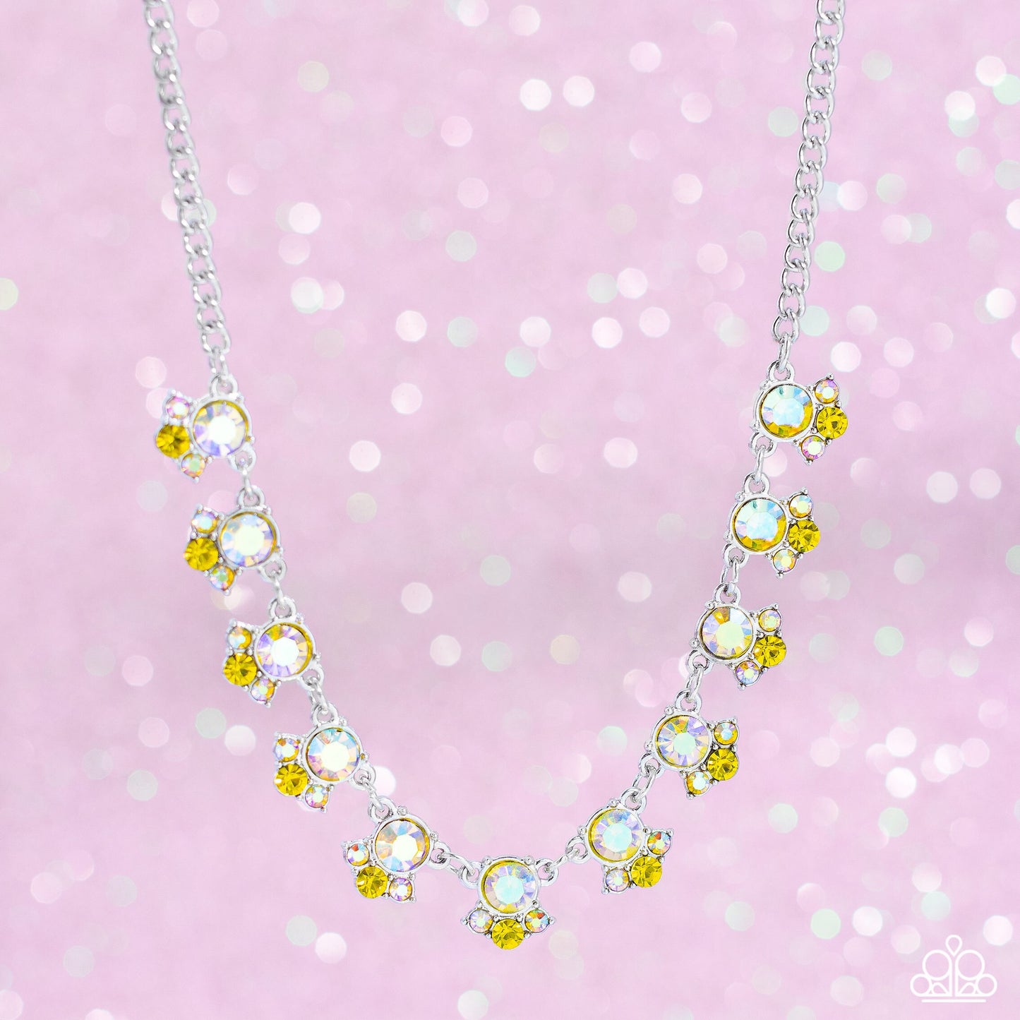 Tabloid Treasure - Yellow and Mermaid Iridescent Rhinestone Silver Short Necklace - Gimme the Glitz May 2023 Exclusive