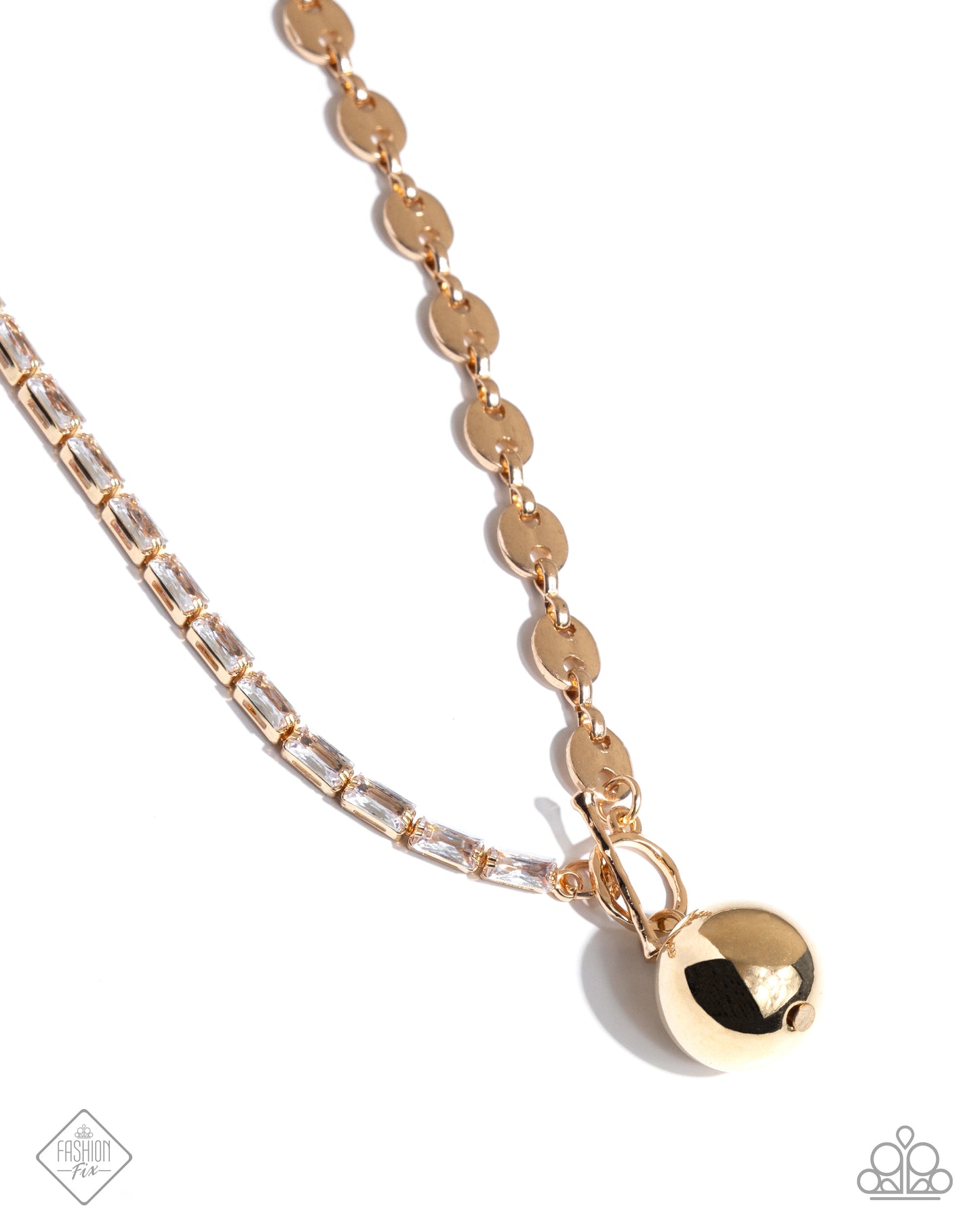 Tailored Token - Gold Sphere White Gem Toggle Short Necklace - Fashion Fix