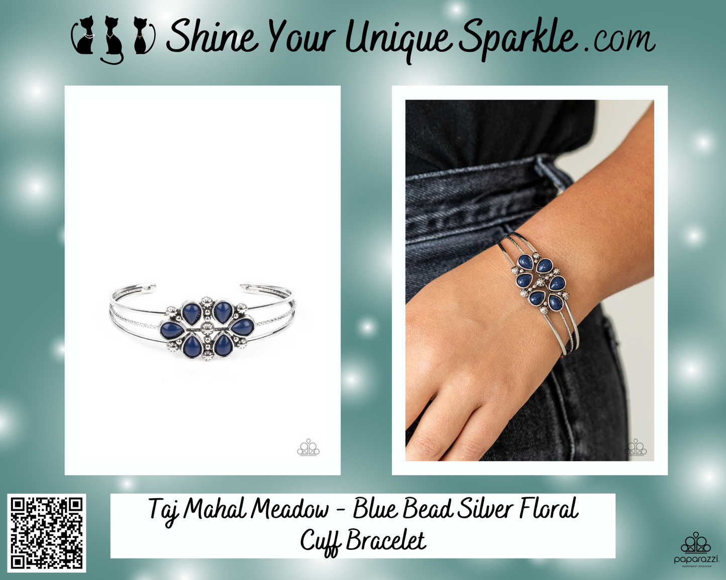 Taj Mahal Meadow - Blue Bead Silver Floral Cuff Bracelet