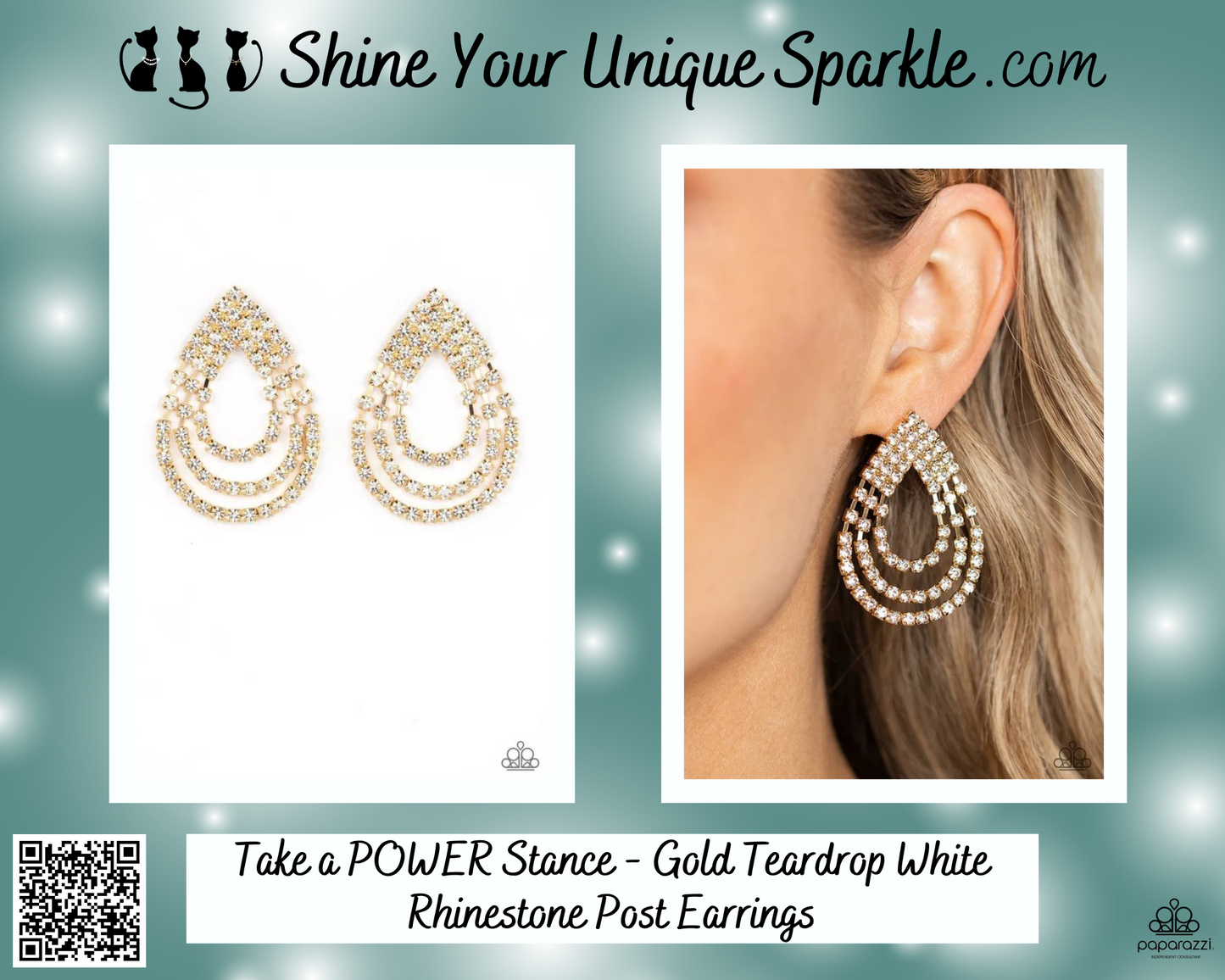 Take a POWER Stance - Gold Teardrop White Rhinestone Post Earrings