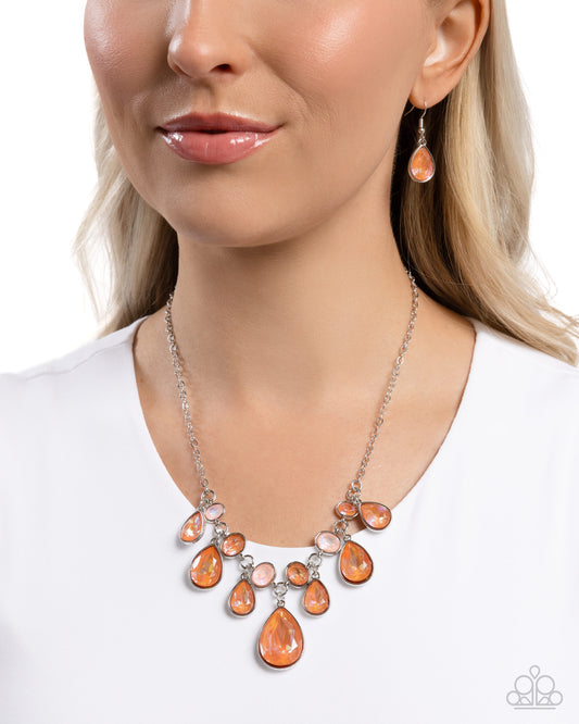 Talented Teardrops - Orange UV Gem Silver Short Necklace