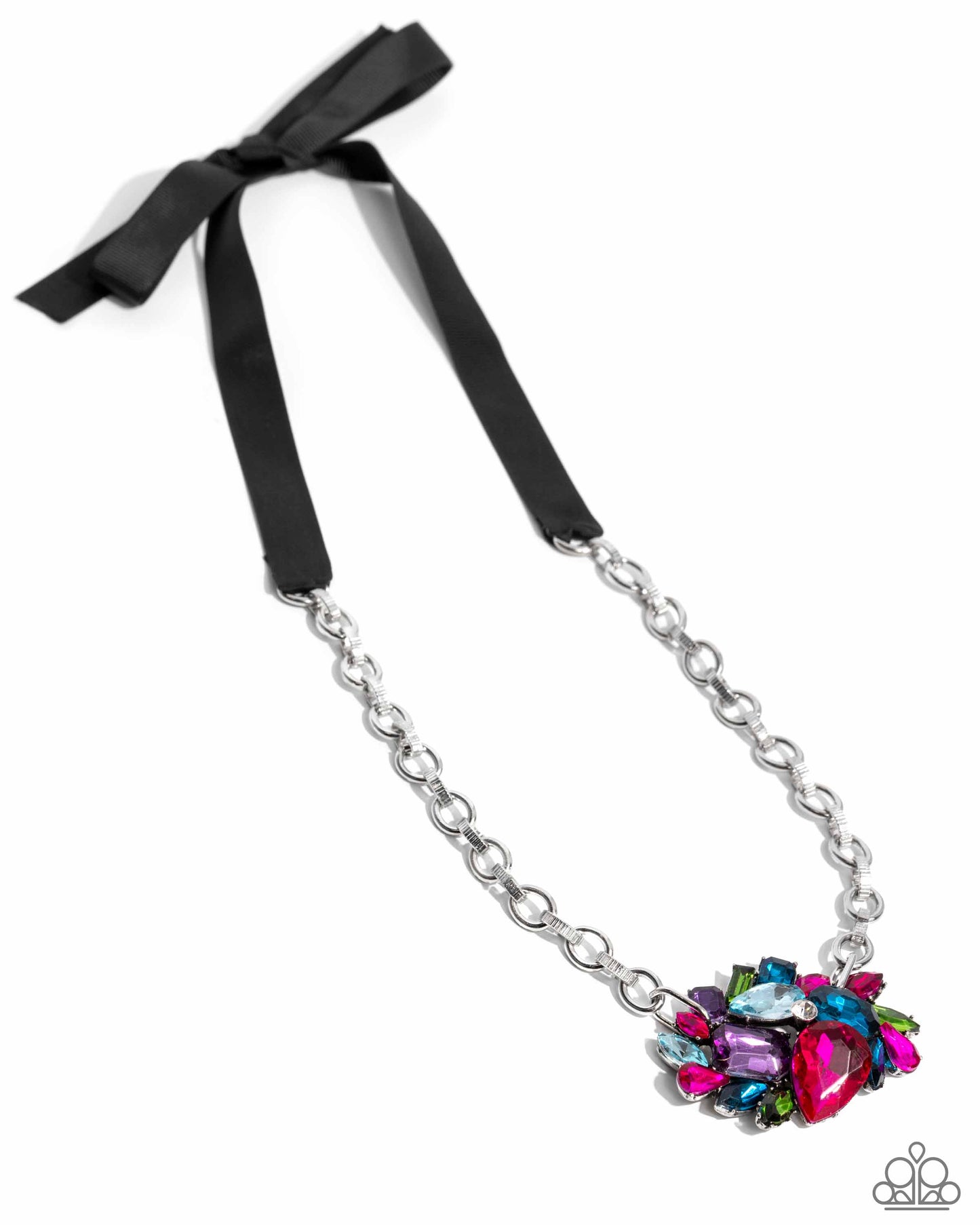 PERFECT MATCH / SET: Tantalizing Tapestry - Multi Color Gem Black Ribbon Silver Medium-Length Necklace - Life of the Party AND Chic Coronation - Multi Pink Green Blue White Gem Silver Hinge Bracelet