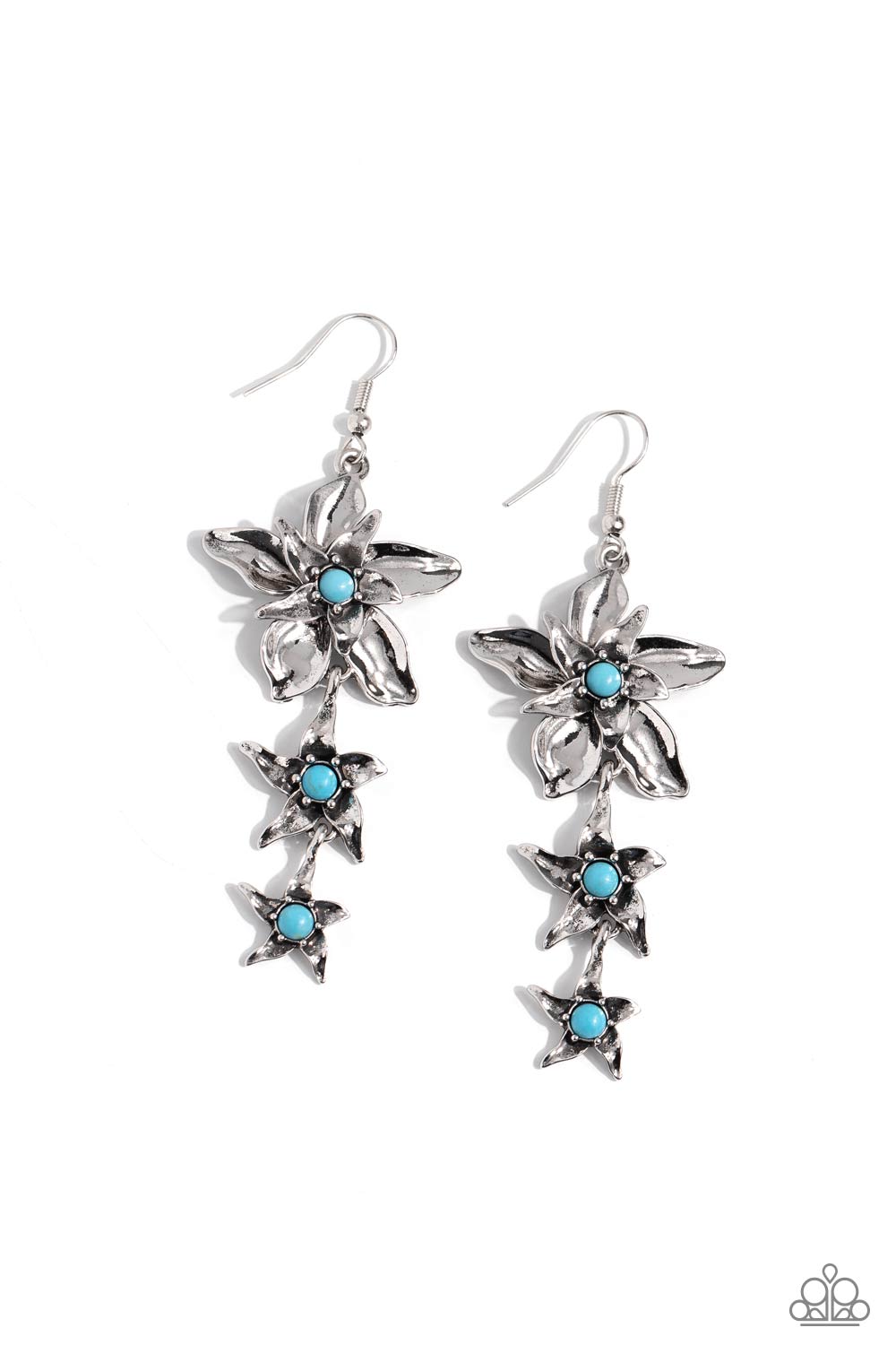 Tapered Tiers - Blue Turquoise Stone Silver Flower Fishhook Earrings