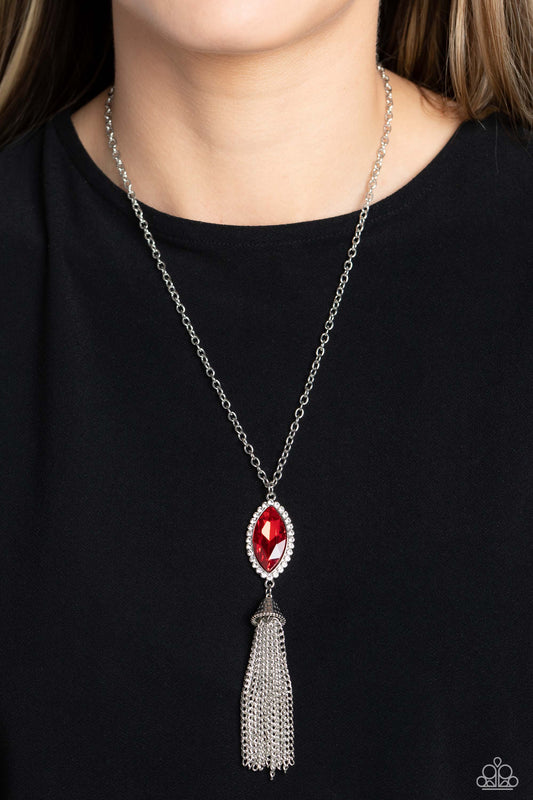 Tassel Tabloid - Red Gem White Rhinestones Tassel Pendant Long Silver Necklace