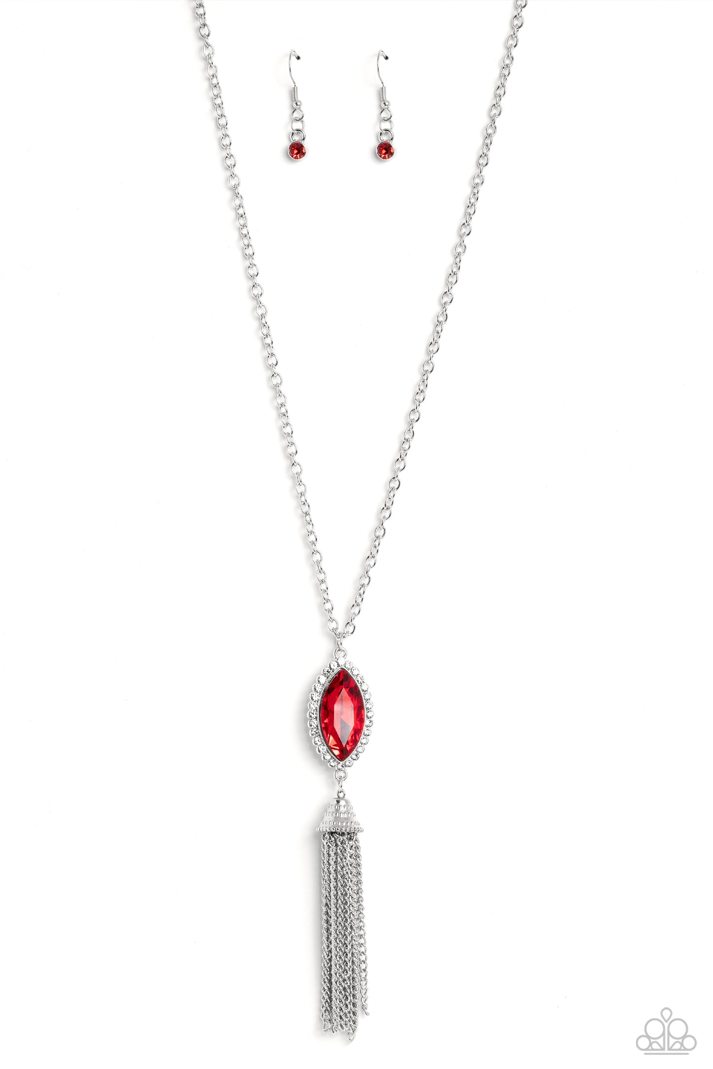 Tassel Tabloid - Red Gem White Rhinestones Tassel Pendant Long Silver Necklace