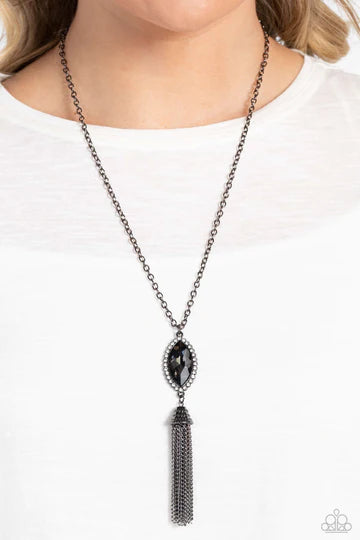 Tassel Tabloid - Black Gunmetal Tassel Smoky Gem Long Necklace